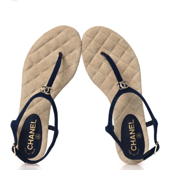 CHANEL Dark Blue and Beige Crystal Sandals - Picture 1 of 11